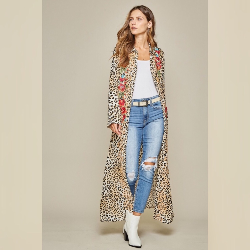 Leopard Floral Embroidered Boho Maxi Dress Duster - Picture 4 of 12